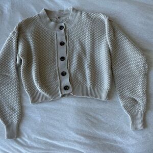 Free People Cream Textured Button-Up Cropped Sweater